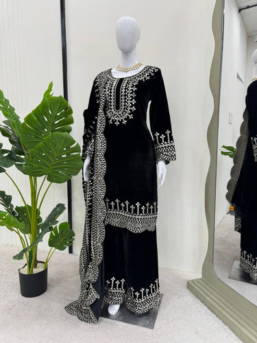 Black Luxurious Viscose Velvet Plazo Set with Embroidered Dupatta Clothsvilla