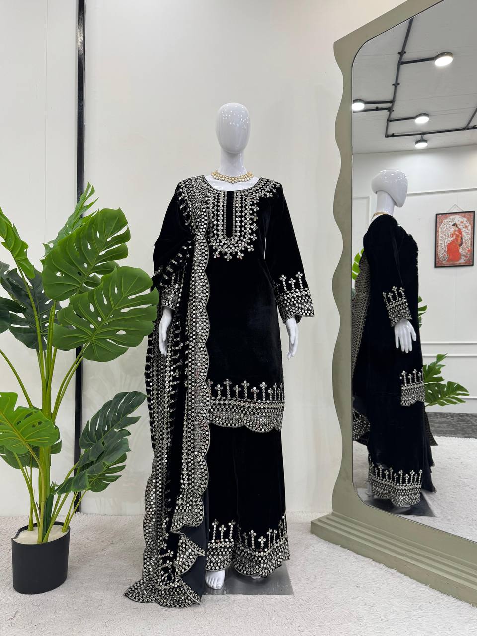 Black Luxurious Viscose Velvet Plazo Set with Embroidered Dupatta Clothsvilla