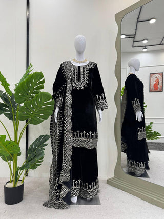 Black Luxurious Viscose Velvet Plazo Set with Embroidered Dupatta Clothsvilla