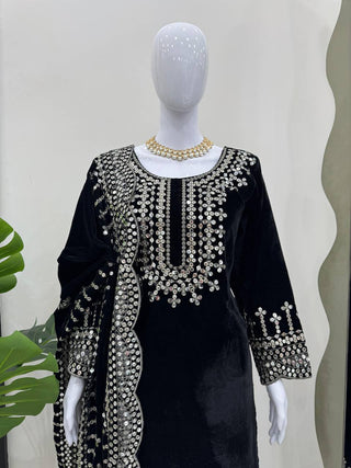 Black Luxurious Viscose Velvet Plazo Set with Embroidered Dupatta Clothsvilla