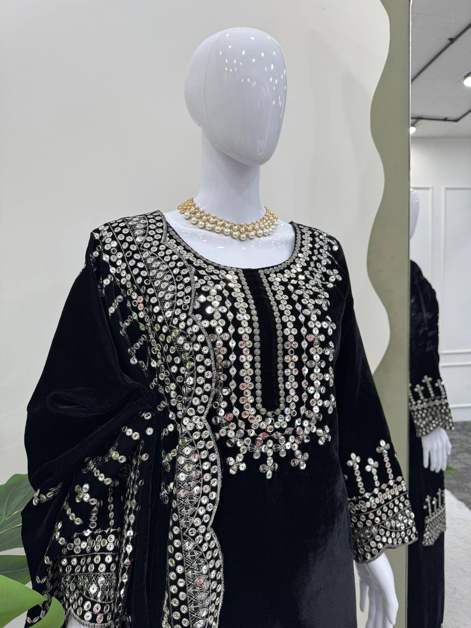 Black Luxurious Viscose Velvet Plazo Set with Embroidered Dupatta Clothsvilla