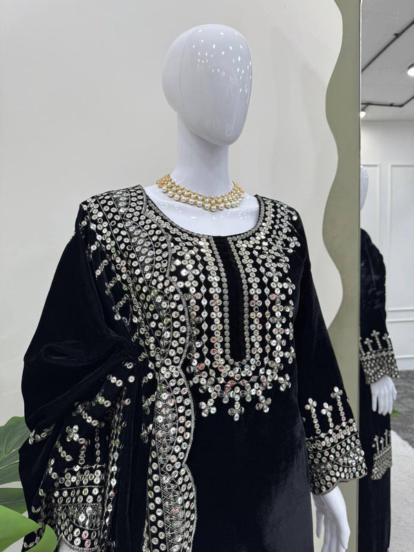 Black Luxurious Viscose Velvet Plazo Set with Embroidered Dupatta Clothsvilla
