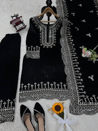 Black Luxurious Viscose Velvet Plazo Set with Embroidered Dupatta Clothsvilla