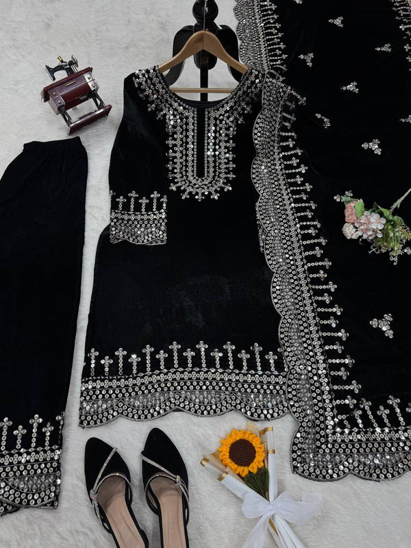 Black Luxurious Viscose Velvet Plazo Set with Embroidered Dupatta Clothsvilla