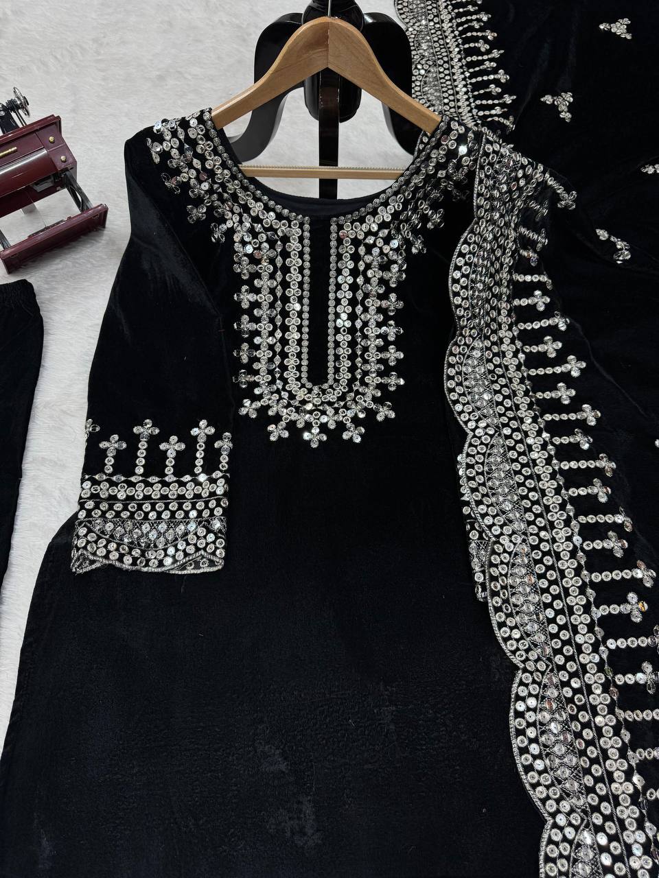 Black Luxurious Viscose Velvet Plazo Set with Embroidered Dupatta Clothsvilla
