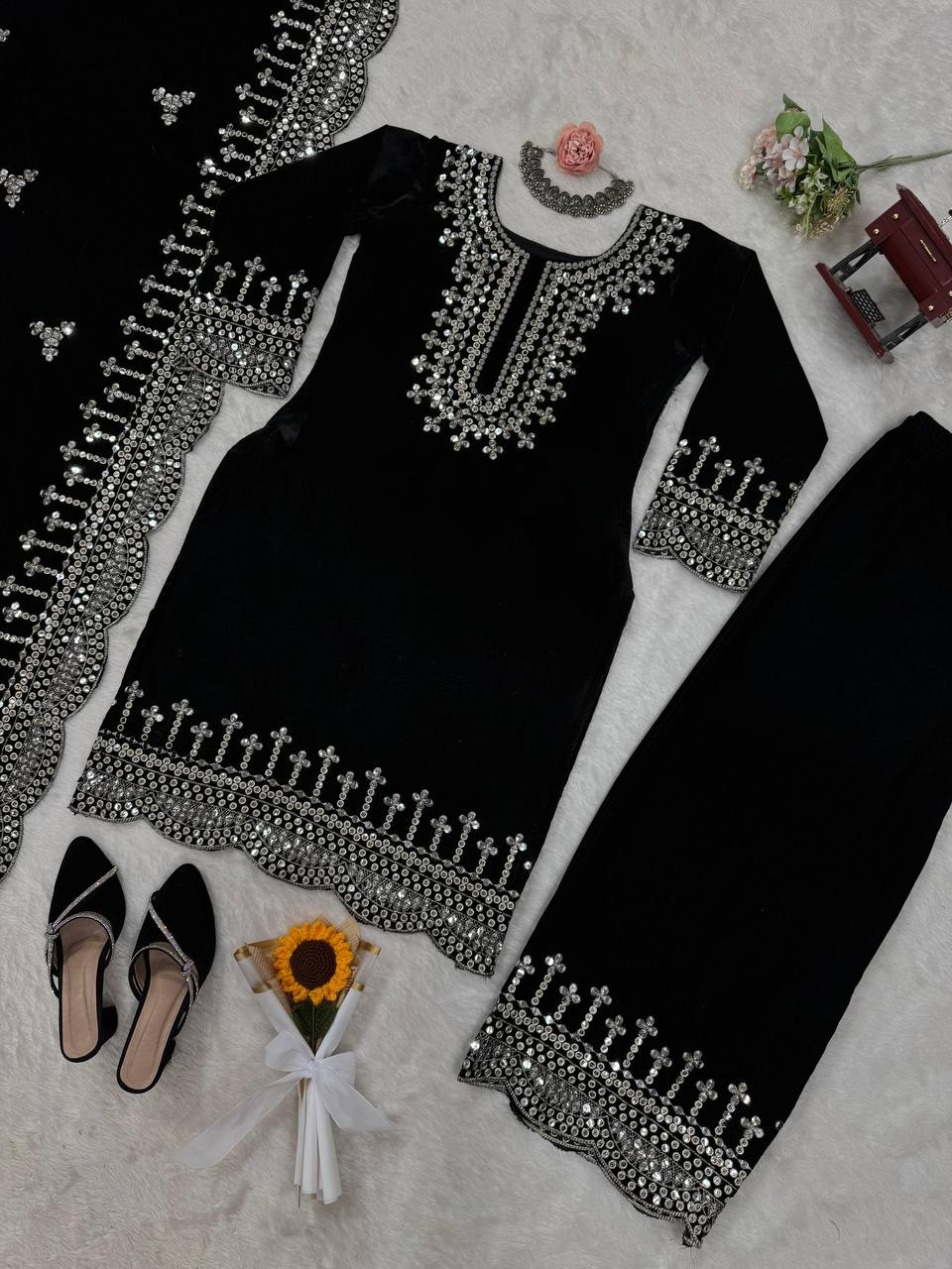 Black Luxurious Viscose Velvet Plazo Set with Embroidered Dupatta Clothsvilla