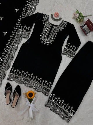 Black Luxurious Viscose Velvet Plazo Set with Embroidered Dupatta Clothsvilla