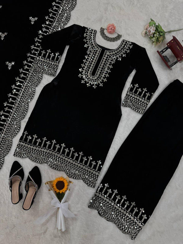 Black Luxurious Viscose Velvet Plazo Set with Embroidered Dupatta Clothsvilla