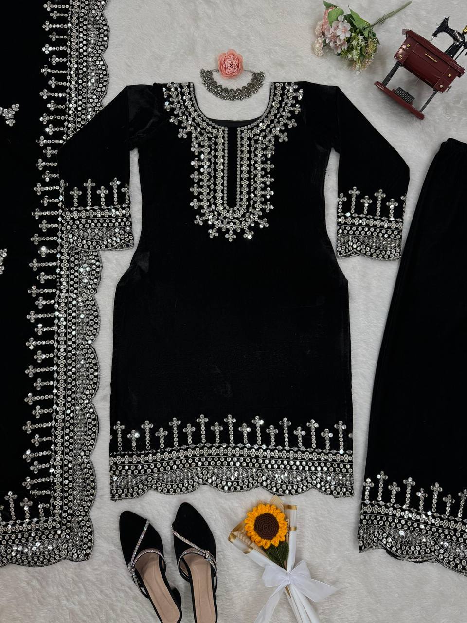 Black Luxurious Viscose Velvet Plazo Set with Embroidered Dupatta Clothsvilla