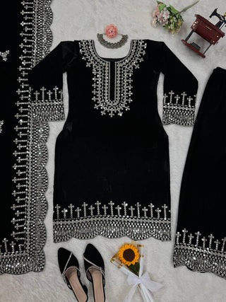 Black Luxurious Viscose Velvet Plazo Set with Embroidered Dupatta Clothsvilla