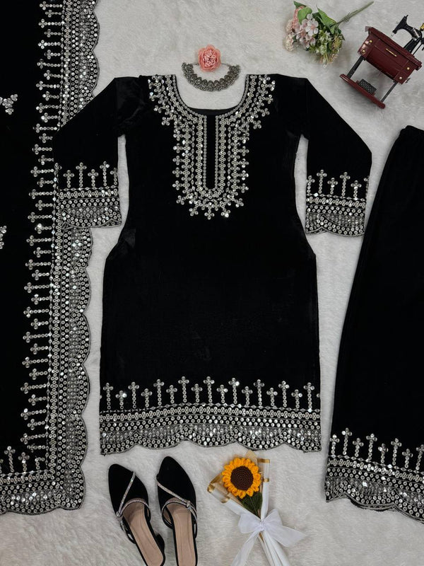 Black Luxurious Viscose Velvet Plazo Set with Embroidered Dupatta Clothsvilla