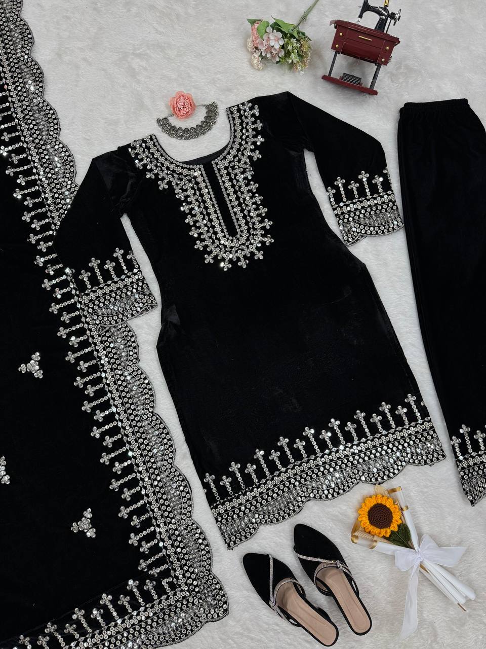 Black Luxurious Viscose Velvet Plazo Set with Embroidered Dupatta Clothsvilla