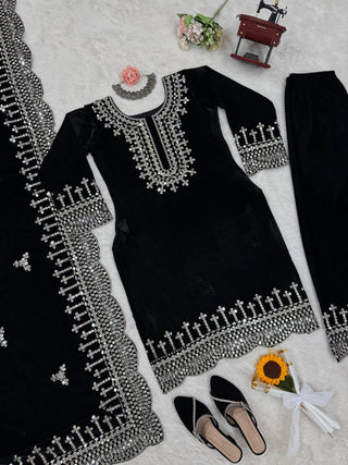Black Luxurious Viscose Velvet Plazo Set with Embroidered Dupatta Clothsvilla