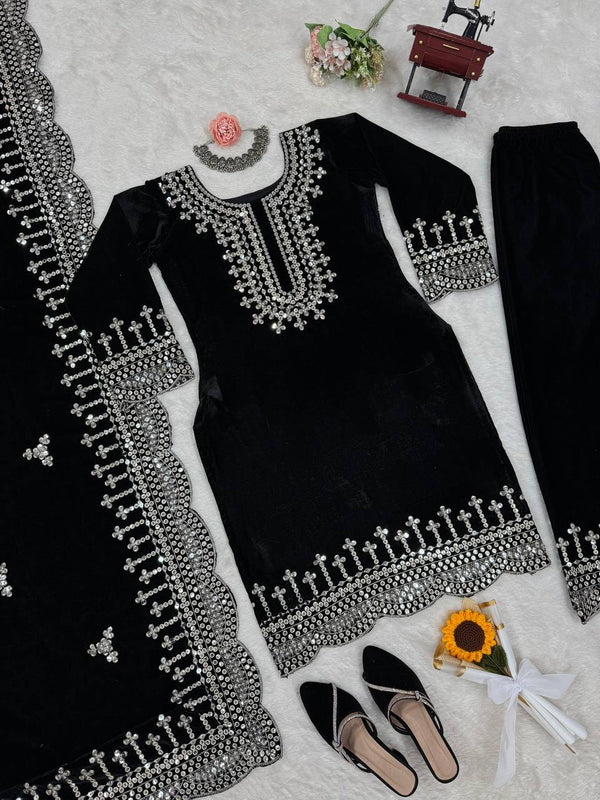Black Luxurious Viscose Velvet Plazo Set with Embroidered Dupatta Clothsvilla