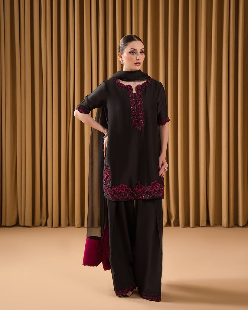 Black Luxury Natural Crepe Embroidered Suit Set with Farshi Plazzo & Organza Dupatta ClothsVilla