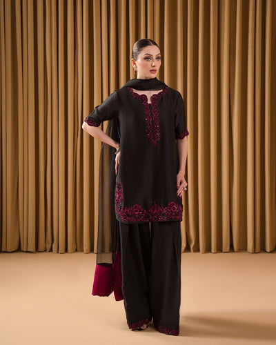 Black Luxury Natural Crepe Embroidered Suit Set with Farshi Plazzo & Organza Dupatta ClothsVilla