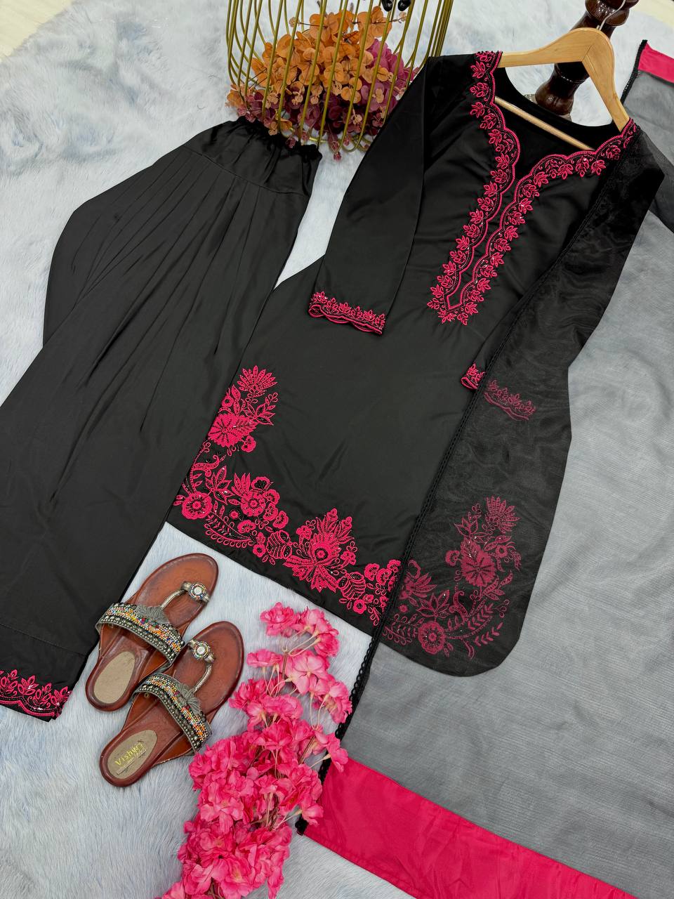Black Luxury Natural Crepe Embroidered Suit Set with Farshi Plazzo & Organza Dupatta ClothsVilla