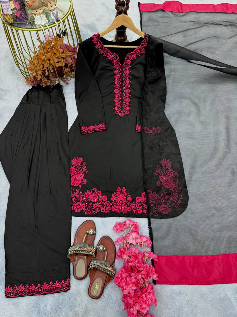 Black Luxury Natural Crepe Embroidered Suit Set with Farshi Plazzo & Organza Dupatta ClothsVilla