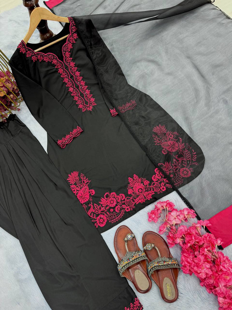 Black Luxury Natural Crepe Embroidered Suit Set with Farshi Plazzo & Organza Dupatta ClothsVilla