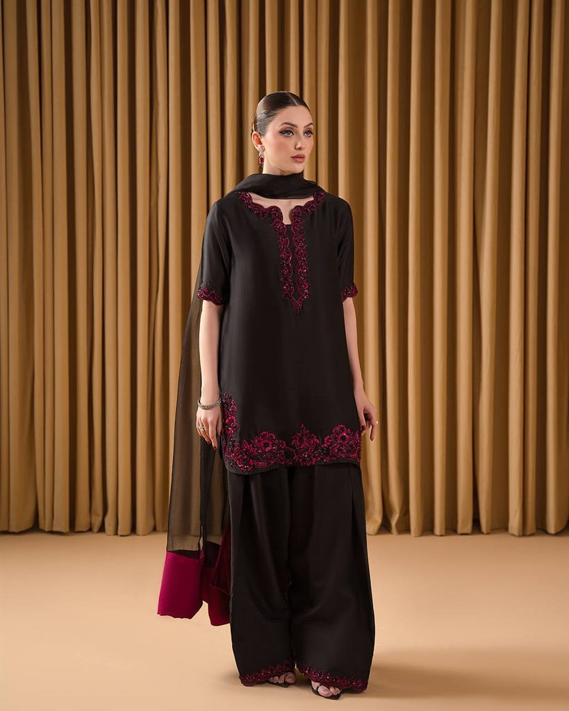 Black Luxury Natural Crepe Embroidered Suit Set with Farshi Plazzo & Organza Dupatta ClothsVilla