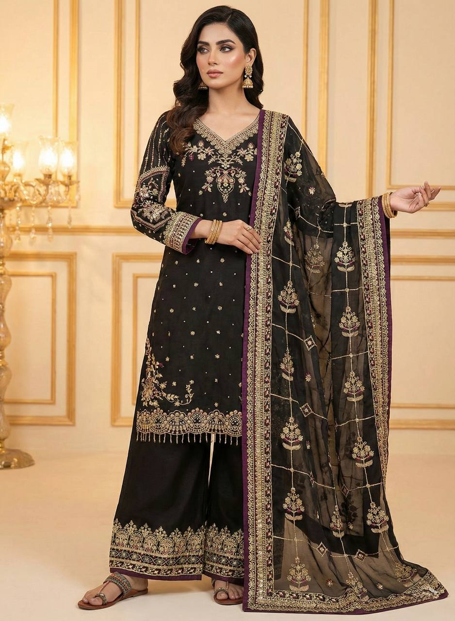 Black Luxury Pure Jimmy Choo Heavy Embroidered Kurti with Plazzo & Sequins Dupatta – Diamond & Moti Hand Work ClothsVilla