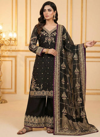 Black Luxury Pure Jimmy Choo Heavy Embroidered Kurti with Plazzo & Sequins Dupatta – Diamond & Moti Hand Work ClothsVilla