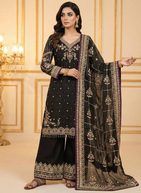 Black Luxury Pure Jimmy Choo Heavy Embroidered Kurti with Plazzo & Sequins Dupatta – Diamond & Moti Hand Work ClothsVilla