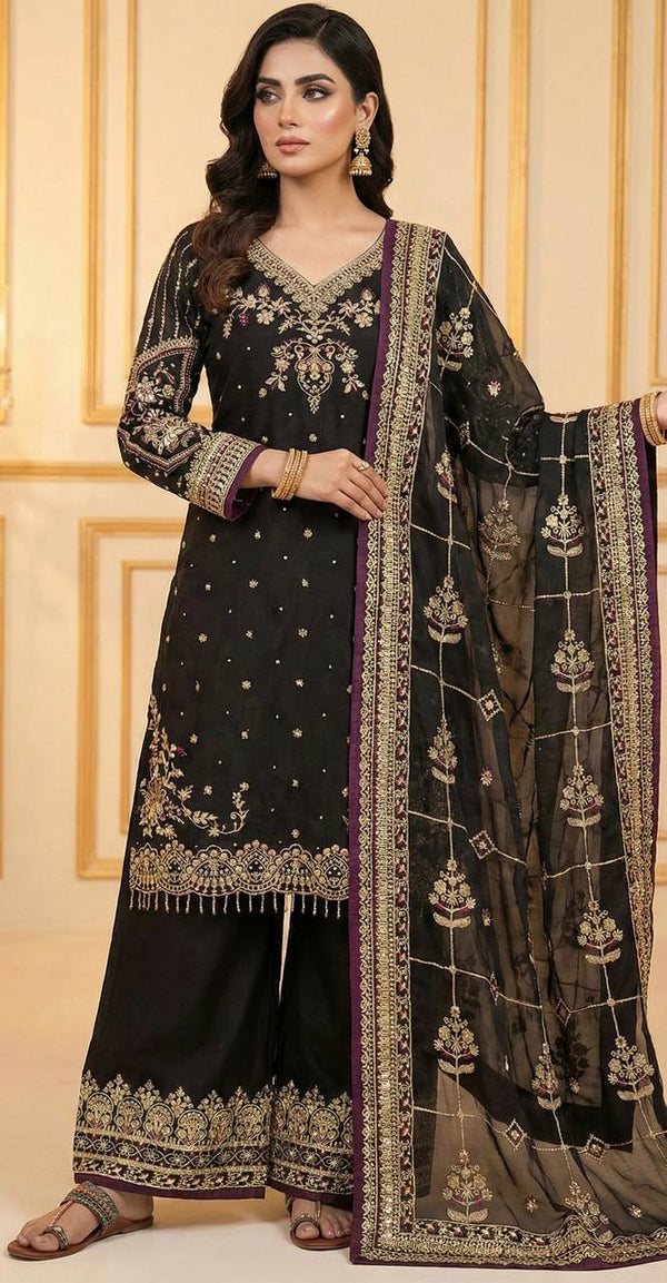 Black Luxury Pure Jimmy Choo Heavy Embroidered Kurti with Plazzo & Sequins Dupatta – Diamond & Moti Hand Work ClothsVilla