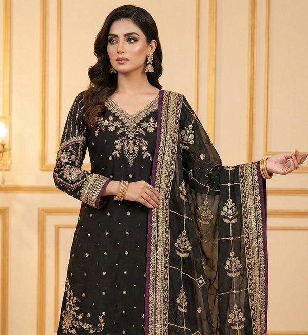 Black Luxury Pure Jimmy Choo Heavy Embroidered Kurti with Plazzo & Sequins Dupatta – Diamond & Moti Hand Work ClothsVilla