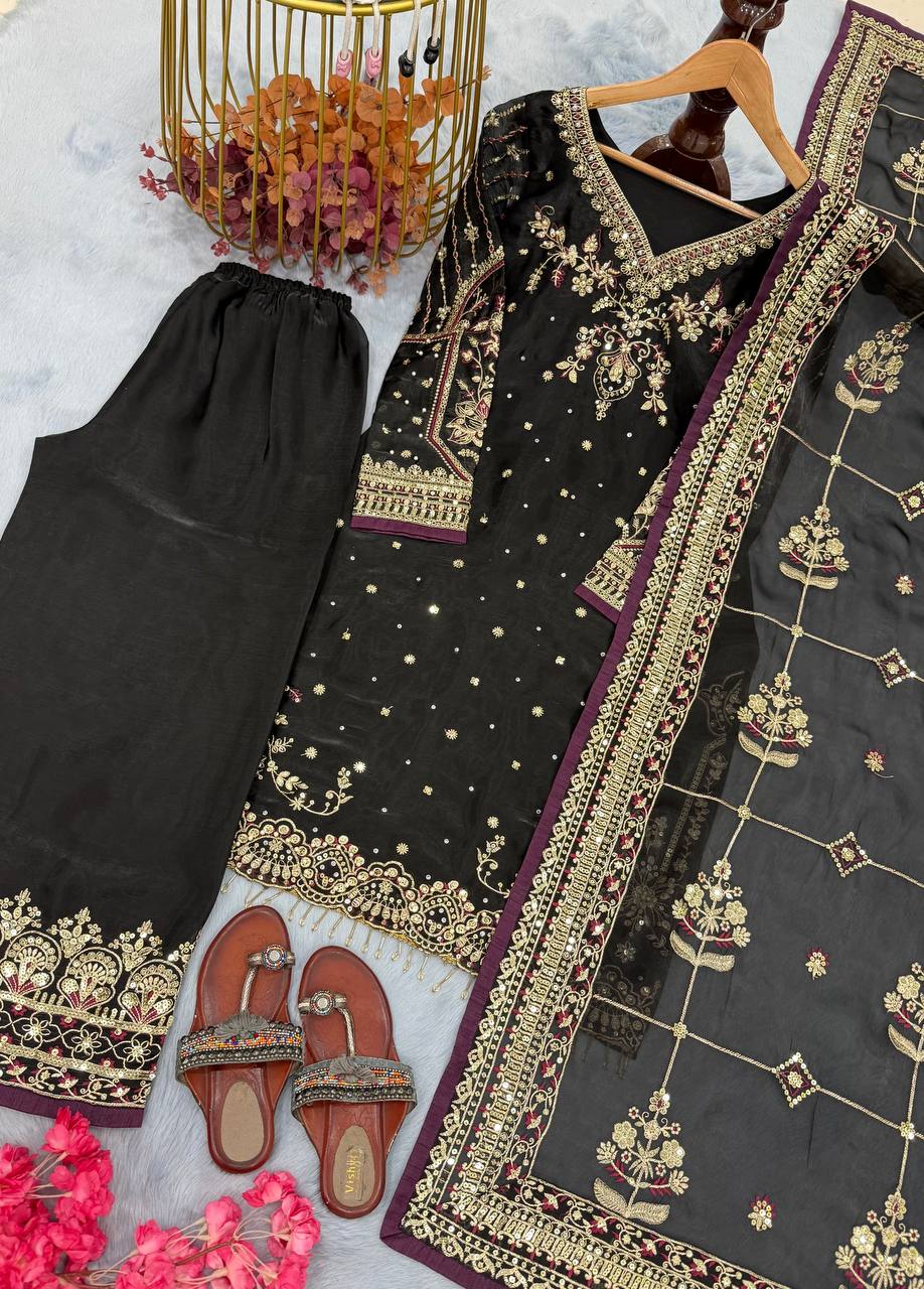 Black Luxury Pure Jimmy Choo Heavy Embroidered Kurti with Plazzo & Sequins Dupatta – Diamond & Moti Hand Work ClothsVilla