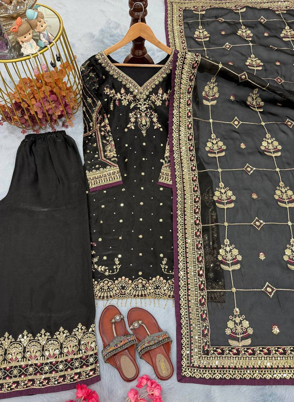 Black Luxury Pure Jimmy Choo Heavy Embroidered Kurti with Plazzo & Sequins Dupatta – Diamond & Moti Hand Work ClothsVilla