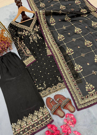 Black Luxury Pure Jimmy Choo Heavy Embroidered Kurti with Plazzo & Sequins Dupatta – Diamond & Moti Hand Work ClothsVilla