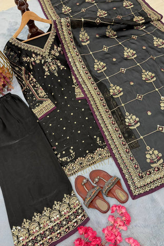 Black Luxury Pure Jimmy Choo Heavy Embroidered Kurti with Plazzo & Sequins Dupatta – Diamond & Moti Hand Work ClothsVilla