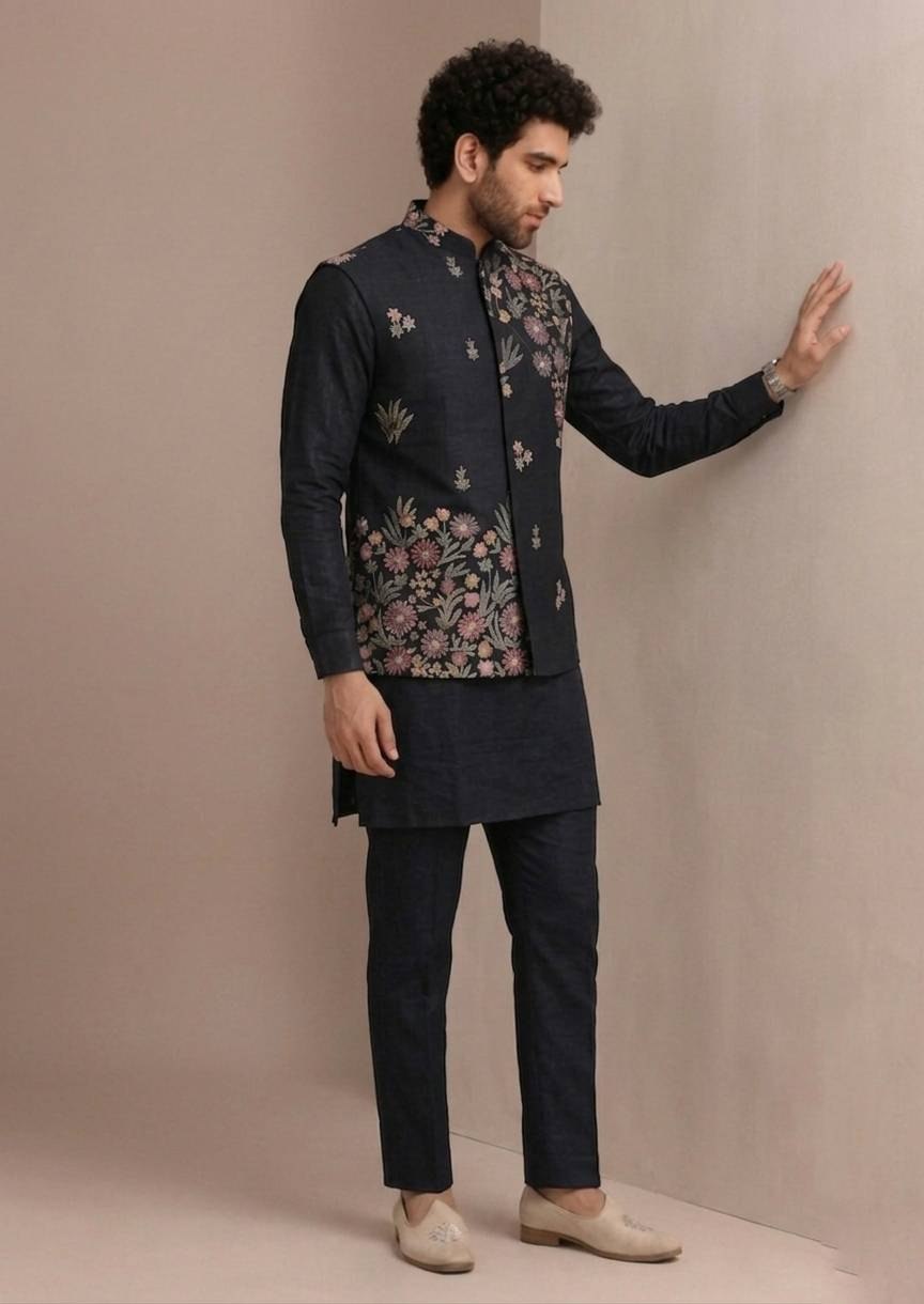 Black Men's Roman Silk Koti Kurta Set ClothsVilla