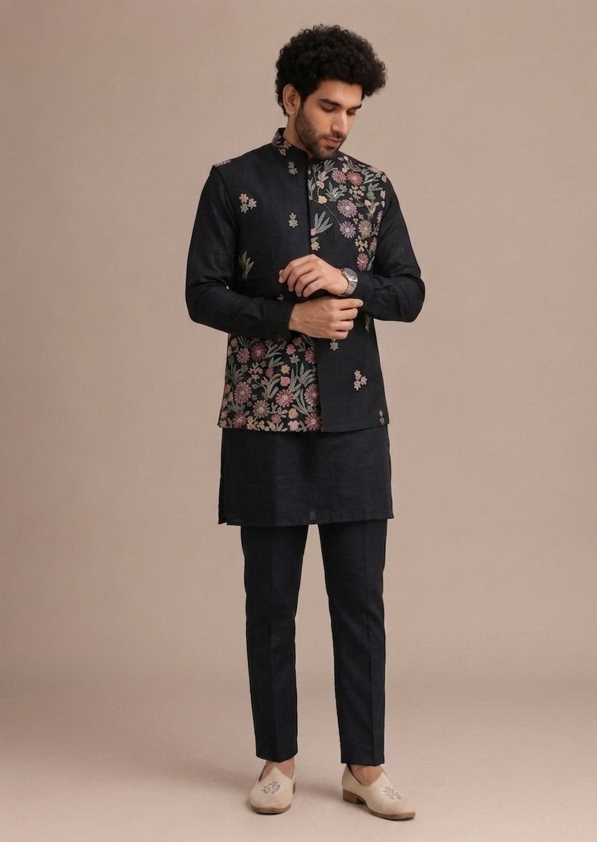 Black Men's Roman Silk Koti Kurta Set ClothsVilla
