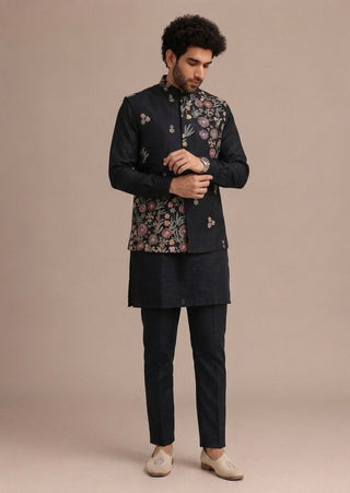Black Men's Roman Silk Koti Kurta Set ClothsVilla