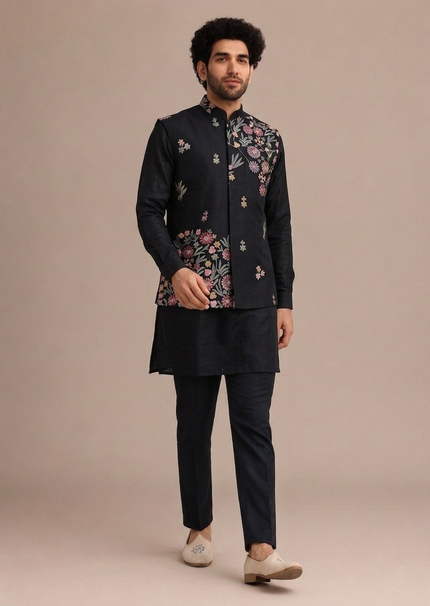 Black Men's Roman Silk Koti Kurta Set ClothsVilla