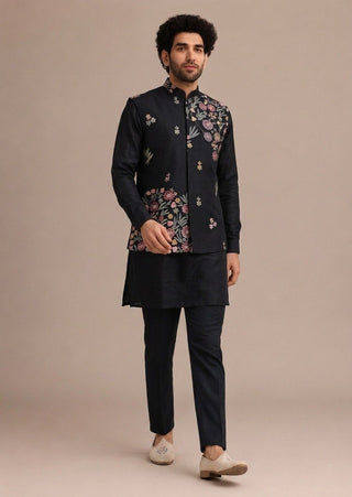 Black Men's Roman Silk Koti Kurta Set ClothsVilla