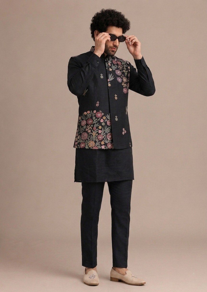 Black Men's Roman Silk Koti Kurta Set ClothsVilla