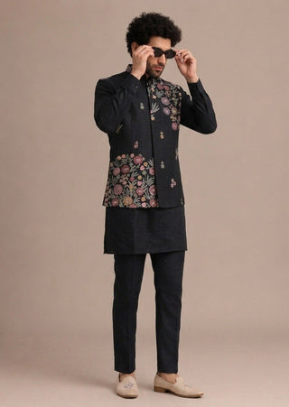 Black Men's Roman Silk Koti Kurta Set ClothsVilla