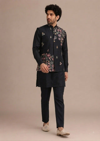 Black Men's Roman Silk Koti Kurta Set ClothsVilla