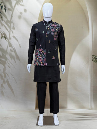 Black Men's Roman Silk Koti Kurta Set ClothsVilla