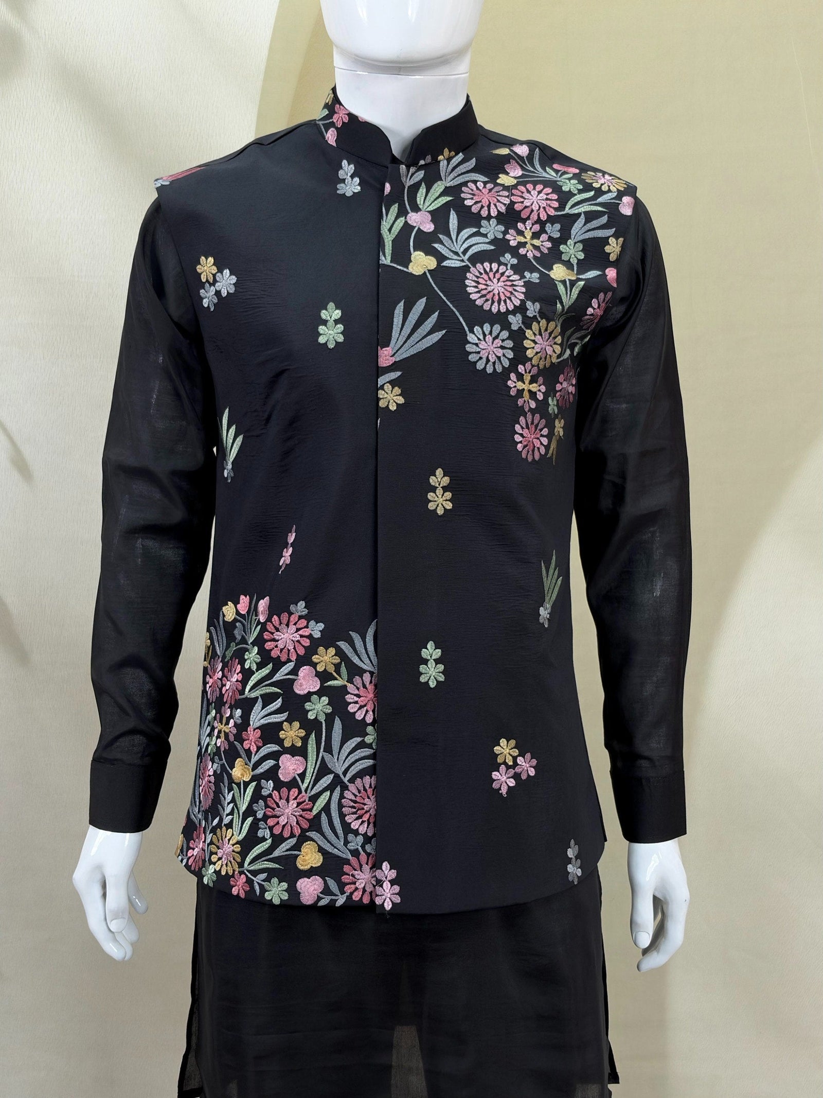 Black Men's Roman Silk Koti Kurta Set ClothsVilla