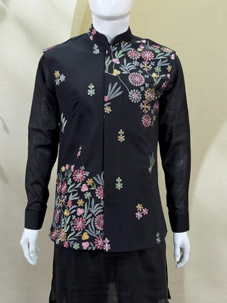 Black Men's Roman Silk Koti Kurta Set ClothsVilla
