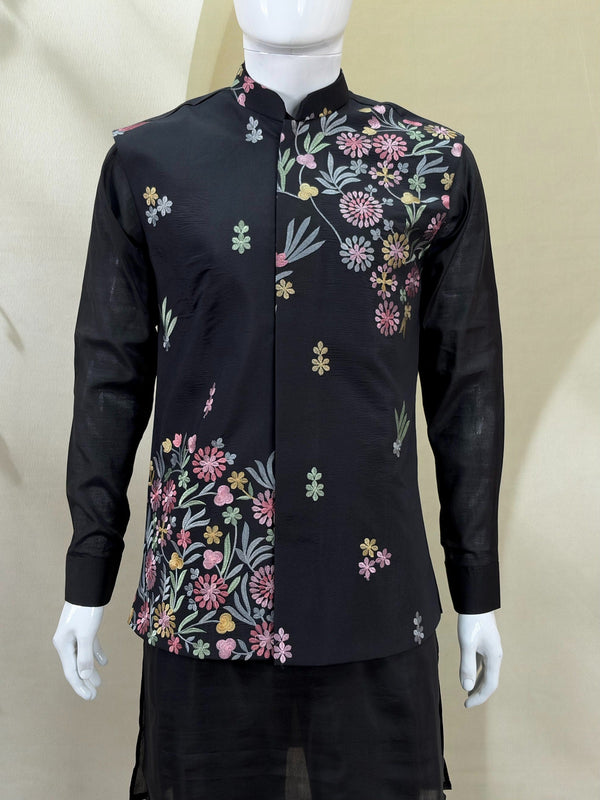 Black Men's Roman Silk Koti Kurta Set ClothsVilla