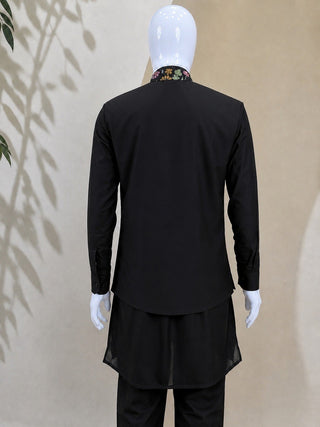 Black Men's Roman Silk Koti Kurta Set ClothsVilla