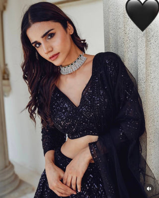 Black Mesmerizing Georgette Lehenga Set with Sequins & Dori Work ClothsVilla