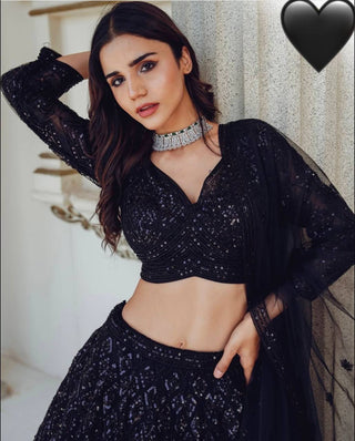 Black Mesmerizing Georgette Lehenga Set with Sequins & Dori Work ClothsVilla