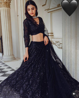 Black Mesmerizing Georgette Lehenga Set with Sequins & Dori Work ClothsVilla