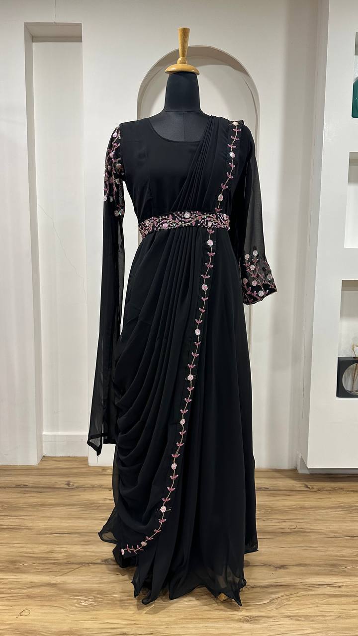 Black Midnight Georgette Gown with Sequins & Dori Work – For Black Lovers ClothsVilla Main image